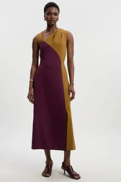 Robe Mi-Longue à Encolure Américaine et Blocs de Couleur Ajustée Douce