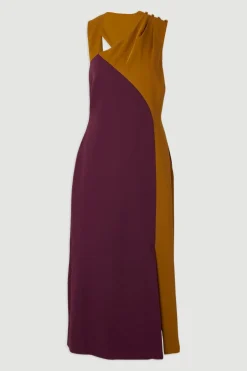 Robe Mi-Longue à Encolure Américaine et Blocs de Couleur Ajustée Douce