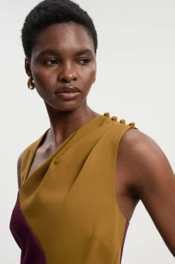 Robe Mi-Longue à Encolure Américaine et Blocs de Couleur Ajustée Douce