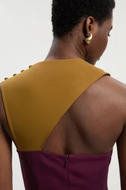 Robe Mi-Longue à Encolure Américaine et Blocs de Couleur Ajustée Douce