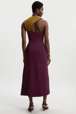 Robe Mi-Longue à Encolure Américaine et Blocs de Couleur Ajustée Douce
