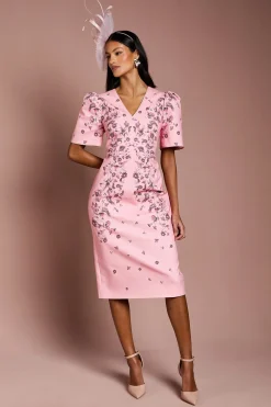 Robe Mi-Longue en Coton à Manches Bouffantes et Imprimé Placement Petite Taille