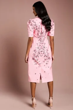 Robe Mi-Longue en Coton à Manches Bouffantes et Imprimé Placement Petite Taille
