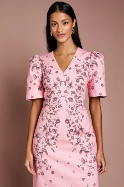 Robe Mi-Longue en Coton à Manches Bouffantes et Imprimé Placement Petite Taille