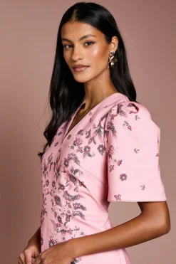 Robe Mi-Longue en Coton à Manches Bouffantes et Imprimé Placement Petite Taille