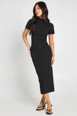 Robe Mi-longue En Crêpe Col Montant Avec Détail De Poches Petite