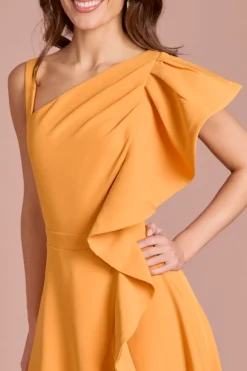 Robe Mi-Longue en Crêpe à Une Épaule avec Volants