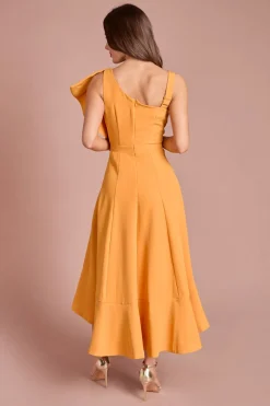 Robe Mi-Longue en Crêpe à Une Épaule avec Volants