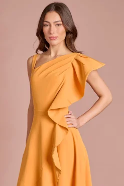 Robe Mi-Longue en Crêpe à Une Épaule avec Volants