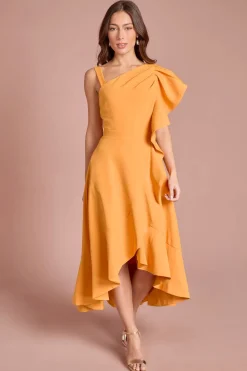 Robe Mi-Longue en Crêpe à Une Épaule avec Volants