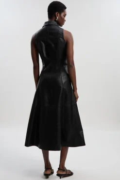 Robe Mi-Longue en Cuir à Fermeture Éclair Intégrale