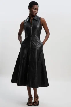 Robe Mi-Longue en Cuir à Fermeture Éclair Intégrale