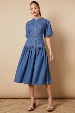Robe Mi-Longue en Denim à Taille Basse Boutonnée