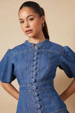 Robe Mi-Longue en Denim à Taille Basse Boutonnée