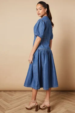 Robe Mi-Longue en Denim à Taille Basse Boutonnée