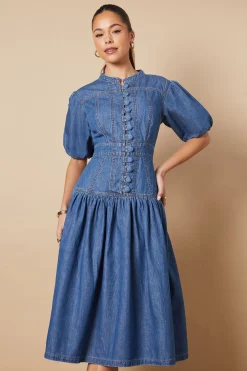Robe Mi-Longue en Denim à Taille Basse Boutonnée