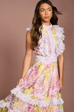Coast Robe Mi-longue en Georgette Imprimée avec Finitions en Dentelle<Femme Robes Mi-Longues|Satin Et Dentelle