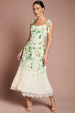 Robe Mi-Longue en Georgette Plissée Imprimée