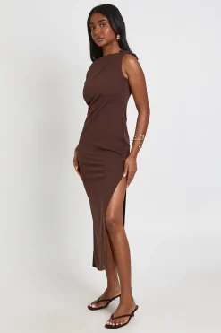 boohoo Robe Mi-longue En Jersey Crêpe Avec Nœud À L'épaule<Femme Looks Chocolat|Robes Moulantes