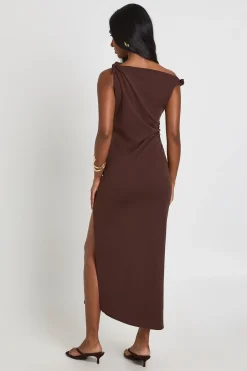 boohoo Robe Mi-longue En Jersey Crêpe Avec Nœud À L'épaule<Femme Looks Chocolat|Robes Moulantes