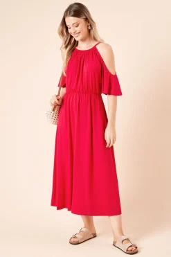 Robe Mi-Longue en Jersey à Encolure Halter et Épaules Dénudées
