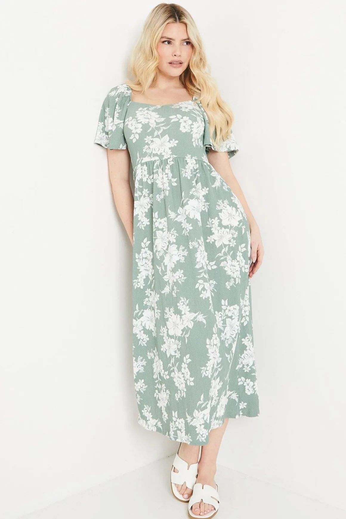 Robe Mi-Longue en Jersey à Imprimé Floral et Manches Volantées