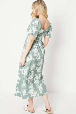 Robe Mi-Longue en Jersey à Imprimé Floral et Manches Volantées