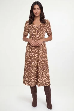 Robe Mi-longue En Jersey À Imprimé Léopard Avec Manches Bouffantes