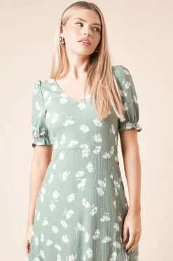 Robe Mi-Longue en Jersey à Manches Courtes Imprimé Fleuri Kaki