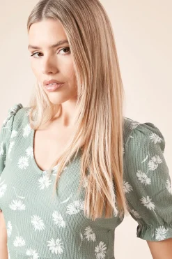 Robe Mi-Longue en Jersey à Manches Courtes Imprimé Fleuri Kaki