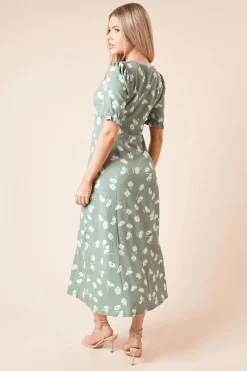 Robe Mi-Longue en Jersey à Manches Courtes Imprimé Fleuri Kaki