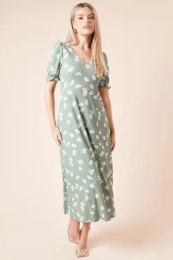 Robe Mi-Longue en Jersey à Manches Courtes Imprimé Fleuri Kaki
