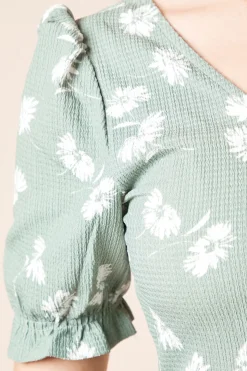 Robe Mi-Longue en Jersey à Manches Courtes Imprimé Fleuri Kaki