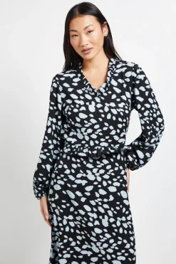 Dorothy Perkins Robe Mi-Longue en Jersey à Manches Bouffantes et Col Rond avec Volants Motif - Petite Taille<Femme Robes Mi-Longues|Robes À Manches Longues