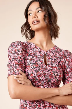 Robe Mi-Longue en Jersey à Manches Courtes avec Imprimé Floral et Détail Ajouré