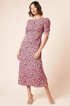 Robe Mi-Longue en Jersey à Manches Courtes avec Imprimé Floral et Détail Ajouré