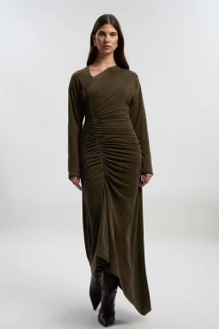 Robe Mi-longue en Jersey Texturé Brossé avec Détail Froncé