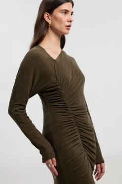Robe Mi-longue en Jersey Texturé Brossé avec Détail Froncé