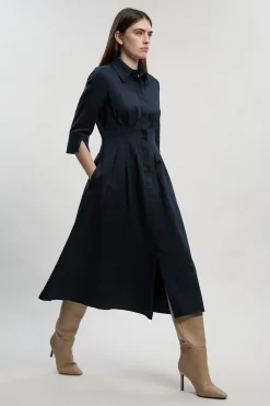 Robe Mi-Longue en Lin Taillée avec Pinces à la Taille