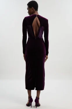 KarenMillen Robe Mi-longue en Maille avec Détails de Passepoil en Velours Stretch, Décolleté Plongeant et Dos Échancré<Femme Robes Mi-Longues|Robes À Manches Longues