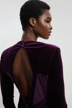 KarenMillen Robe Mi-longue en Maille avec Détails de Passepoil en Velours Stretch, Décolleté Plongeant et Dos Échancré<Femme Robes Mi-Longues|Robes À Manches Longues