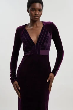 KarenMillen Robe Mi-longue en Maille avec Détails de Passepoil en Velours Stretch, Décolleté Plongeant et Dos Échancré<Femme Robes Mi-Longues|Robes À Manches Longues
