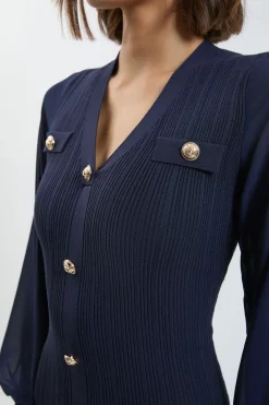 Robe Mi-Longue en Maille Côtelée Mélange Viscose à Manches en Mousseline