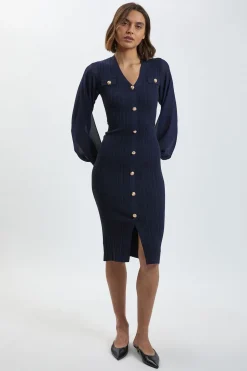 Robe Mi-Longue en Maille Côtelée Mélange Viscose à Manches en Mousseline