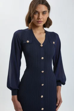 Robe Mi-Longue en Maille Côtelée Mélange Viscose à Manches en Mousseline