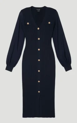 Robe Mi-Longue en Maille Côtelée Mélange Viscose à Manches en Mousseline