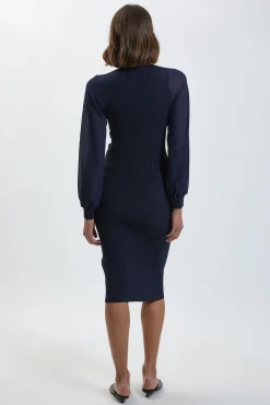 Robe Mi-Longue en Maille Côtelée Mélange Viscose à Manches en Mousseline