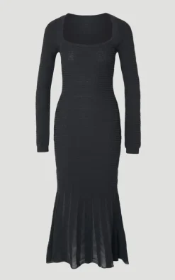 Robe Mi-Longue en Maille à Détails Point Ajouré et Panneaux Transparents