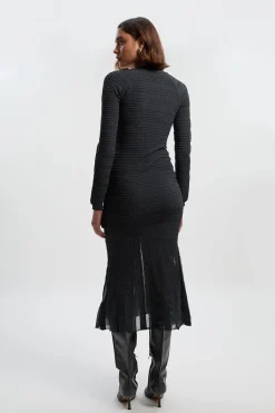 Robe Mi-Longue en Maille à Détails Point Ajouré et Panneaux Transparents