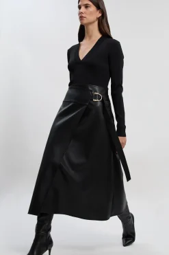 KarenMillen Robe Mi-Longue en Maille Plissée avec Détails d'Onglets en synthétiquecuir - Coupe Petite Taille<Femme Toutes Les Robes|Robes Mi-Longues